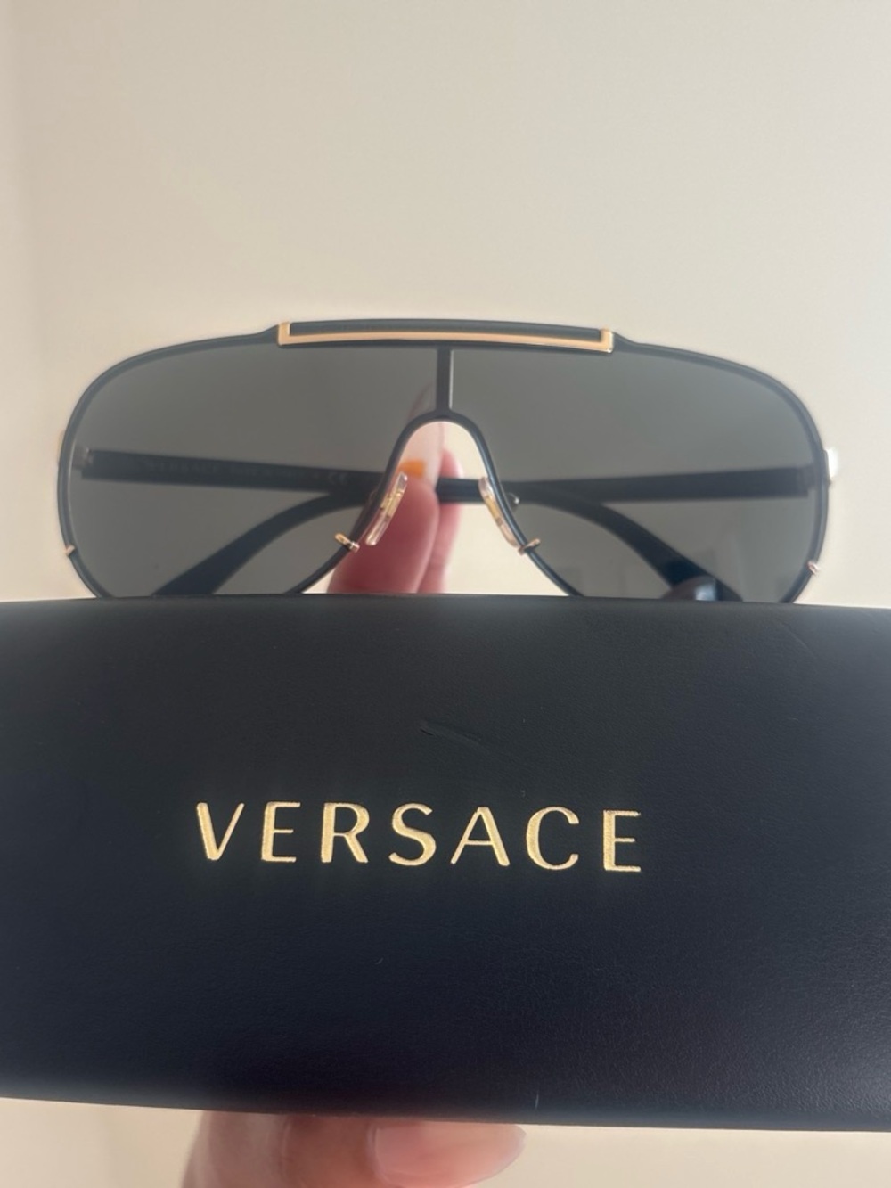 Versace Black and Gold Shield Sunglasses with Logo Case